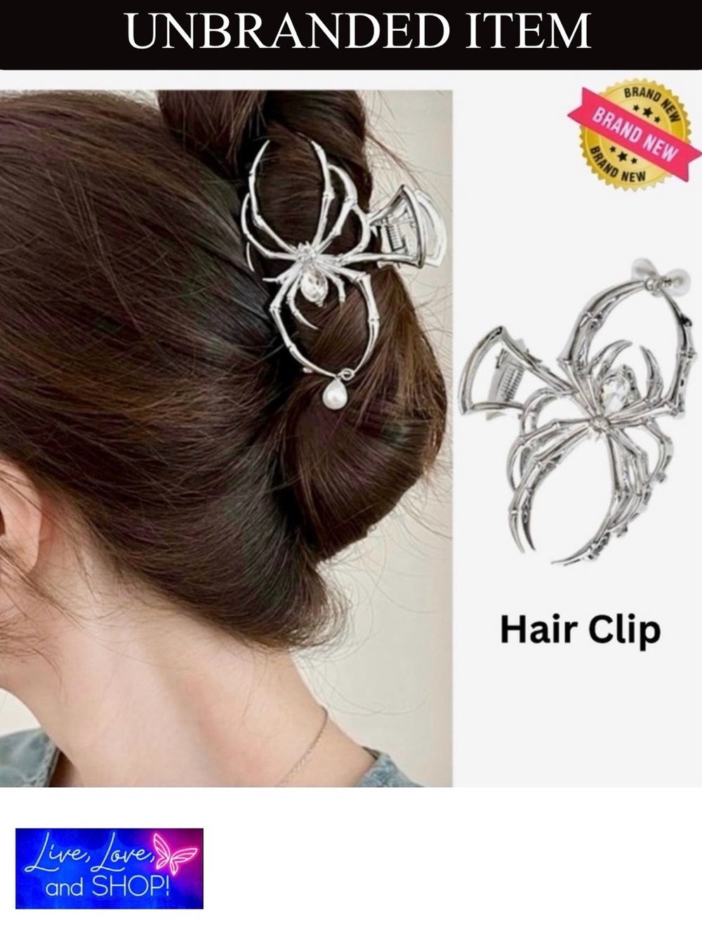 HAIR CLIP: Silver Spider-Shaped w/Pearl Accent, NIP